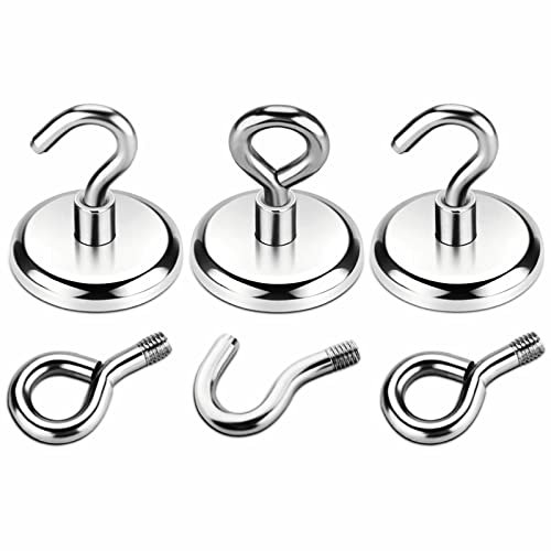 Wukong 72.5KG(160LB) Magnethaken,3+3 Stück Neodym Ösenmagnet, 42mm Magnet hält 360°Drehen für Bratenregal in Küche Werkzeughalter Verkaufsregal, 3x Ösenmagnet 3x magnetische Werkzeughaken