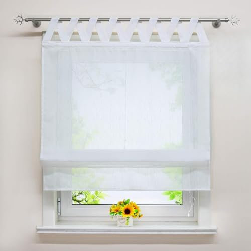 Delien weißes Raffrollo in Leinen-Optik transparentes Raffrollo mit V Schlaufen Unifarbiges Schals Fenster Gardine BxH 60x140cm 1 St.