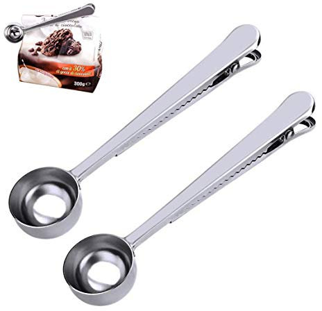 kuou 2PCS Coffee Scoop with Bag Clip, Stainless Steel Coffee Measuring Spoon Ground Coffee Sealer for Cafetiere Ground Coffee and Beans(Silverï¼‰