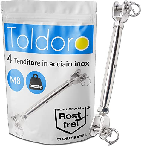 Toldoro, 4 tenditori M8 in acciaio inox, gancio, tirante per sartiame, tendicinghia a doppia forcella per fune, per tendone e barca a vela, forma chiusa
