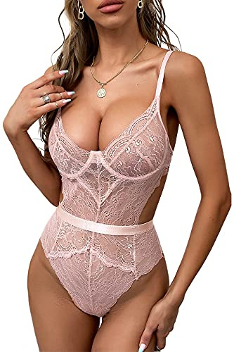 EVELIFE Bodysuit för kvinnor, sexiga underkläder, bh med bygel, overall, sexiga underkläder, negligé, spets, underkläder, babydoll, underkläder, Nude rosa, L