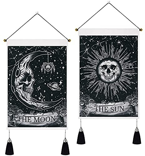 Yugarlibi Set of 2 Skeleton Small Tapestries with Tassels, Gothic Halloween Sun and Moon Wall Hanging, Black White Wall Art Tapestry for Bedroom Aesthetic, 35x50 cm
