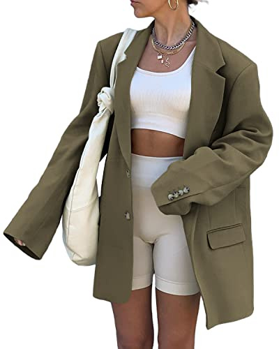 Grlasen Women Casual Elegant Long Sleeve Oversized Lapel Blazers Open Front Solid Work Office Jacket Blazer Green
