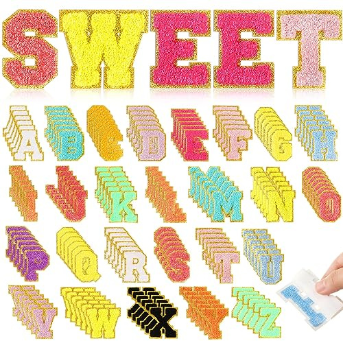 Yilloog Glitzernde selbstklebende Chenille-Kleidungsflicken, bestickt, Reparatur, flauschige Flicken, Alphabet, goldfarbene Verzierungen, adrette Kleidungsabzeichen, Nähapplikationen (mehrfarbiger