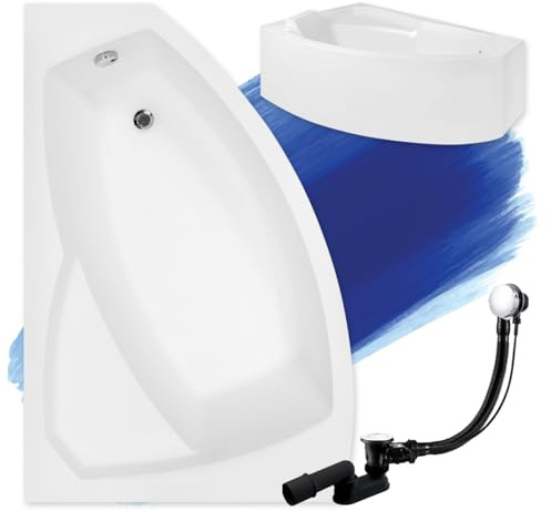 BADLAND Badewanne Original Weiß Acryl Wanne Eckbadewanne RIMA 140x90 Links KOMPLETTSET SET mit Weiß Acrylschürze + Füßen und Exklusive Chrom Automatik Ablaufgarnitur Made in EU 4in1