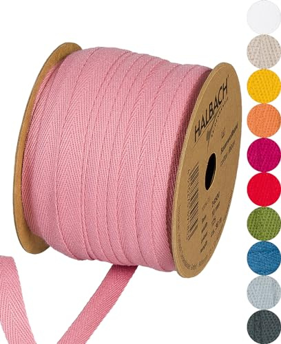 Halbach Sidenband bomullsband 10 mm x 30 m, band för pyssel som metervara, tygband för dekorationer, vävband 100% bomull gör-det-själv hantverk, snedband sömnadsarbeten, färg: ros, 24500