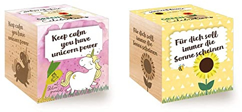 Feel Green 296725 Grow Your Own Einhornbohne, Holzwürfel Mit Lasergravur «Keep Calm, You Have Unicorn Power», Nachhaltige Geschenkidee, Anzuchtset & Celebrations Ecocube, Sonnenblume Bio Samen