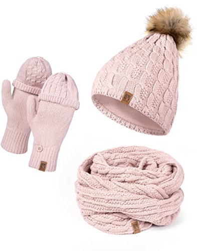HEYO Mütze Schal Handschuh Set für Damen | Gefütterte Wintermütze mit Kunstfellbommel | Großer Loop Schal | Gestrickte Finger/Fingerlose- Winterhandschuhe für Touchscreen (Rosa)
