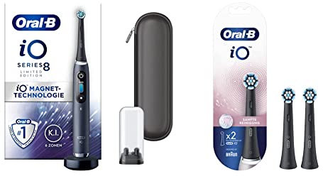 Oral-B iO Series 8 Elektrische Zahnbürste, black onyx & iO Sanfte Reinigung Aufsteckbürsten für elektrische Zahnbürste, 2 Stück, sanfte Zahnreinigung, Zahnbürstenaufsatz für Oral-B Zahnbürsten,schwarz