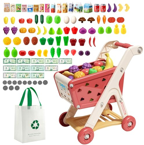 JOVOW Carrello Spesa Bambini Giocattolo, Giocattoli con Carrello Della Spesa per Set con 98 Pezzi e Borsa Della Spesa, Giocattoli da Cucina per Giochi di Ruolo da Negozio per Bambini Bambine 3+ Anni