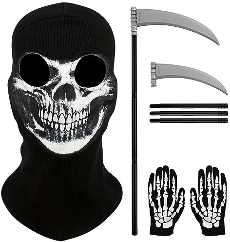 SHOWHEEL 3 Piezas Mascara Calavera Adulto set,1 Máscara de Calavera+1 Guantes Esqueleto+1 Halloween Sickle,para Halloween,Carnival,cosplay,Ciclismo y Senderismo