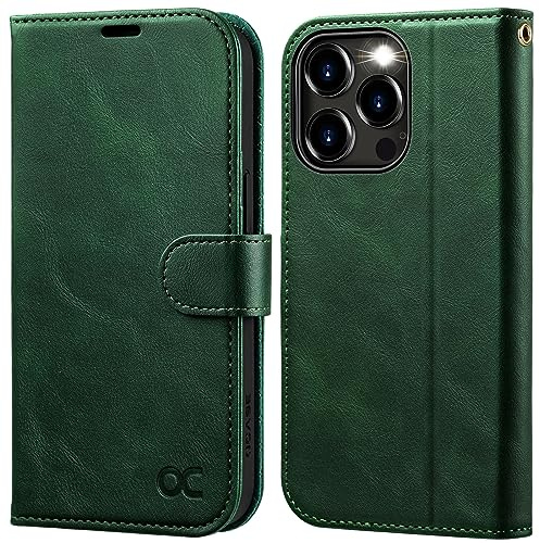 OCASE Kompatibel für iPhone 15 Pro Max Hülle Handyhülle [Premium PU Leder] [Kartenfach] [Standfunktion] RFID Schutzhülle Klapphülle Handytasche Lederhülle Dunkelgrün