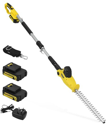 Cordless Pole Hedge Trimmer, PHIWOS 2.0Ah Battery and Charger Include – Electric Hedge Cutter with Telescopic Extendable Reach – Dual Action Blades, 90º Adjustable Trimmer (2Batteries)