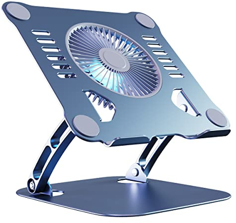 SHUWEI Laptop Cooling Stand with 3 Speed Fan, Adjustable Height Laptop Stand for Desk, Ergonimic Aluminum Laptop Cooling Pad for 10-15'' Notebook - Bule-Gray
