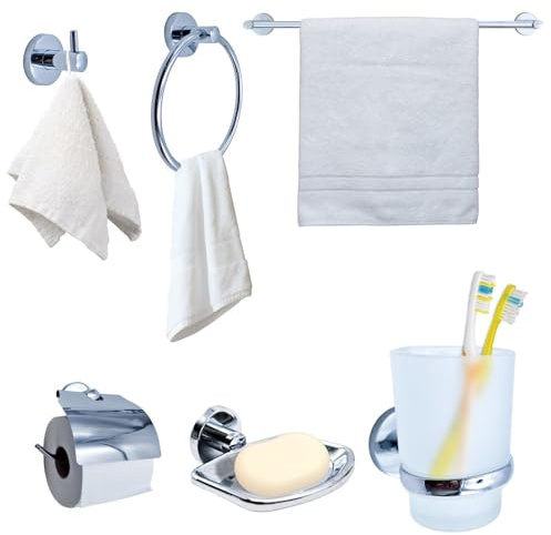 MAKA Set Accessori Bagno Moderni Portasciugamani in Acciaio e Alluminio Diversi Modelli Porta Carta Igienica Ganci Salviette Porta Spazzolini Denti Kit Installazione Incluso (Cromato)