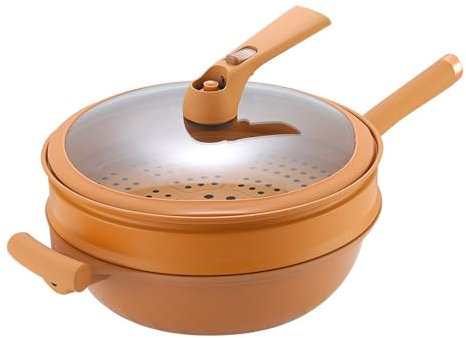 GVXOX Antihaftbeschichteter Ton-Wok Mit Dampfgarer, Multifunktionaler Töpfer-Ton-Wok, 2-in-1-Bratpfannen-Set, Ton-Wok-Kocher for Kochen, Mit Glasdeckel