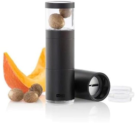 MACININO MANUALE MACINA NOCE MOSCATA IN ACCIAIO INOX NERO CON CONTENITORE ADHOC