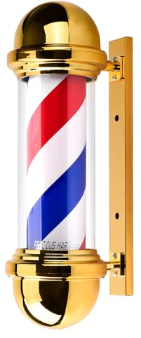precious harvest Vara Barbier de 51 cm, Luz giratoria de Barbería en Rojo, Azul y Blanco, Carteles clásicos para Salón de Peluquería, Fuente de luz LED (Dorado)