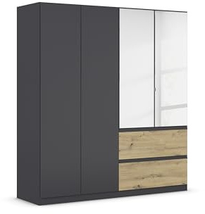 Rauch Möbel Costa, Schrank, Grau metallic/Eiche Artisan, Breite 181 cm | Kleiderschrank, 4-türig, Spiegel, 2 Schubladen, Push-to-open, Zubehör Basic, für Schlafzimmer, Kinderzimmer, Babyzimmer