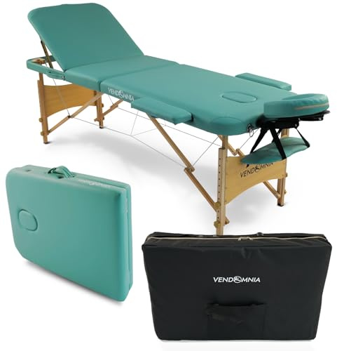 VENDOMNIA Mobile Massageliege - Holzfüße mit 3 Zonen höhenverstellbar inkl. hochwertiger Kopfstütze Tasche Armlehnen - Farbwahl Klappbar, Massagetisch Massagebett Massagebank Behandlungsliege