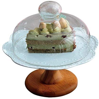 WYRMB Creative Simplicity 8/10 Zoll Tortenständer, Keramik-Obstteller auf Holzsockel, Bar-Dekoration, Gebäcktablett, Glas-Staubschutz für Lebensmittel, Käseglocke, Blau, 20 * 20 * 18,8 cm