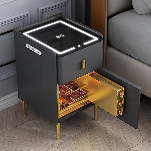 Kabelloses Laden Nachttisch mit unsichtbarem Safe - Multifunktions-Nachttisch mit LED-Lichtern, USB-Aufladung, intelligenter Beistelltisch für Schlafzimmer und Wohnzimmer