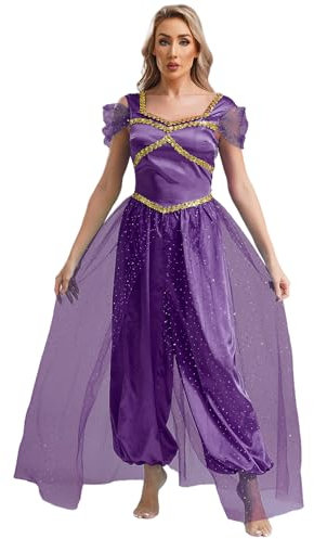 Kaerm Damen bauchtanz kostüm Pailletten Glitzer Tanzkleid Goldenbesatz Overall Tüllschicht Haremshose Belly Dance Outfit Für Fasching Karneval Dunkelviolett XXL