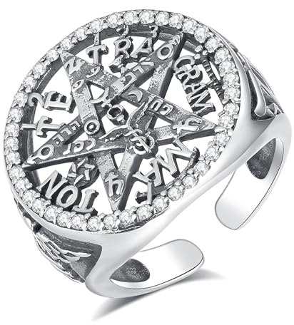 AEONSLOVE Bague Tetragrammaton Réglable Argent 925 pour Homme Femme, Bague Ouverte Pentacle de Protection, Bague Pentacle Tetragrammaton Wiccan Vintage pour Pouce