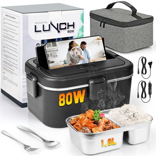 Czoele 100W Elektrische Lunchbox Speisenwärmer Auto 3 IN 1(12V/24V/220V) 1,8L mit Gabel Löffel Abnehmbare Edelstahl Heizungs Lunchbox Elektrisch Brotdose Tragbarer Warmhaltebehälter