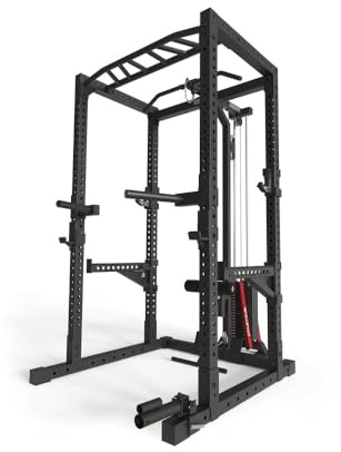 Atletica R7-Cyrax Power Rack | 90 kg o 120 kg di peso | Treno con blocco di sicurezza | Unità di canottaggio | Multi Grip Bar | Braccio spotter di sicurezza | Dip Station | Mina di terra misura 200 cm