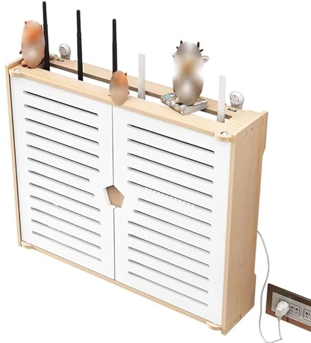 HANSULAN Extra Large WiFi Router Storage Box Wooden Router Shelf With With Cabinet Door, 2 Layer Wall-Mounted TV Set-top Box Decorative Power Strip Cable Management Hider Box -47X10X43CM