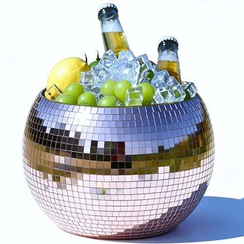 Rose Gold Disco Ball Ice Bucket - Mirror Ball Cooler, Reflective Rose Gold Drink Holder, Shiny Ice Bucket for Parties, Weddings, and Home Bars – Stylish Beverage Chiller