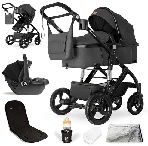 Bergsteiger Nizza Kombikinderwagen 3-in-1 Babyschale Babywanne Buggy | Komplettset mit leichtem Aluminiumgestell Schwenkrädern verstellbarem Griff Wickeltasche Moskitonetz und Regenschutz