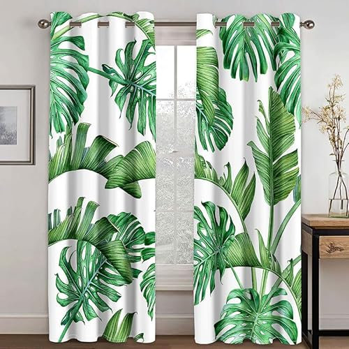 Rptidmv Vorhänge mit Ösen 2er Set Monstera-Blätter Modern Blickdichte Vorhang Thermovorhang Kälteschutz Verdunklungsvorhänge für Wohnzimmer Schlafzimmer Kinderzimmer 140 x 175 cm (BxH)