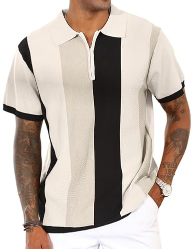 CTU Men's Fashion Polo Shirts Vintage Striped Knitting Shirts Casual Slim Fit Golf Shirts White L