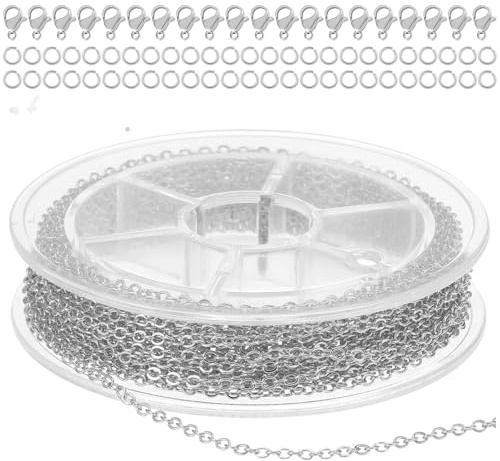 Ptwola Necklace Chains Stainless Steel for Jewelry Making Silver Thin Chain Flat Cable Link Chain with Jump Rings Lobster Clasps Connectors for DIY Craft Necklace Bracelet Jewelry Making