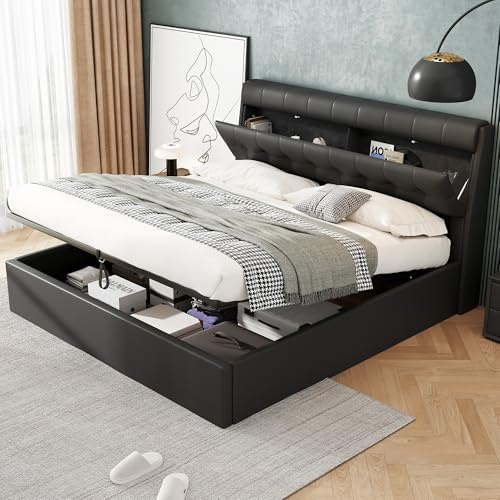 Kayan Polsterbett 180x200cm, Boxspringbett mit hydraulisches Bettkasten, Bett mit Lattenros, Stauraum Kopfteil, Doppelbett Jugendbett Bettrahmen, Kunstleder, Ohne Matratze (Schwarz, 180x200 cm)