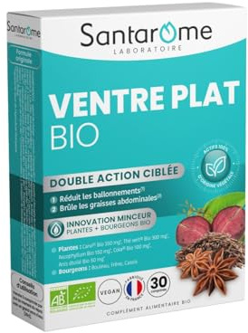 Santarome Bio - Ventre Plat I Complément Alimentaire Minceur Perte de Poids I Action Ciblée Rondeurs Abdominales - A base de plantes Bio - Carvi, Thé vert I 30 comprimés I Végan I Made In France