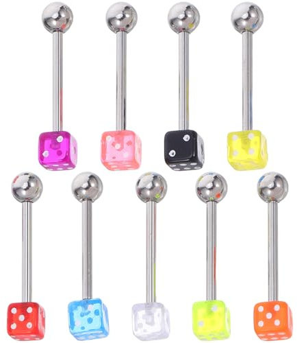 HORIALENCE 9Pcs Acrylic Tongue Ring Dice Shape Piercing Jewelry Assorted Colors 1 Inch Length Safe for Daily Home Wear