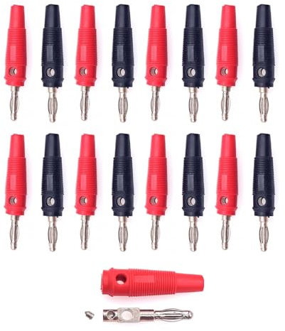 JZK 16 Negro Rojo Juego de conectores banana niquelados de 4 mm, tipo tornillo, sin soldadura, con funda de goma suave, conector de cable de altavoz para prueba eléctrica