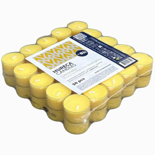 Horeca Candles - Candele Tealight alla Citronella Trasparenti - Durata 8 Ore - Set da 50 Candele Profumate - Lumini da Esterno, Balcone, Picnic, Campeggio