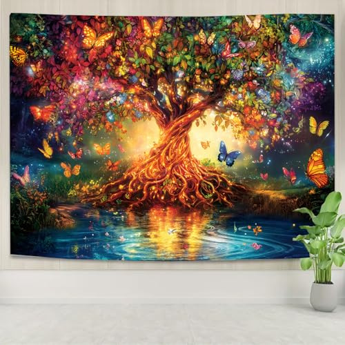 FENDROM Tree of Life Wall Hanging Tapestry Aesthetic Colorful Butterfly In Wonderland Forest Wall Art Large Mural Decor Backdrop Blanket for Bedroom Living Room Decoration