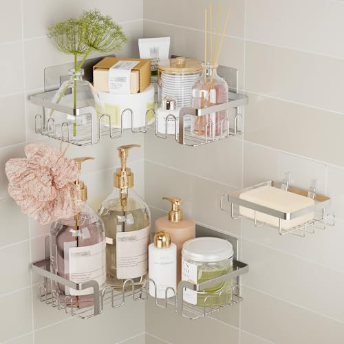 TIDIIABODE Corner Shower Caddy 3 Pack, Shower Shelf with Soap Holder & 24 Hooks, No Drill Shower Organiser, Stainless Steel Bathroom Shelves, Bathroom & Kitchen Storage, Silver