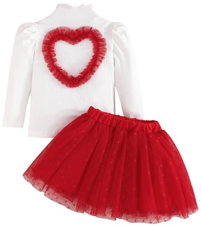 Fnaobai Conjunto de faldas para bebé niña pequeña, primavera, otoño, ropa para niños, diseño de corazón de amor, manga larga, parte superior de punto acanalado, falda tutú de malla