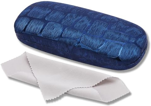 Astuccio rigido per occhiali da lettura – Custodia compatta in pelle PU con chiusura a molla e fodera interna morbida – Portaocchiali per montature piccole – Unisex – Con panno in microfibra (Marina)