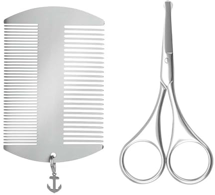 FIDWALL Beard Comb and Scissors Set for Men, Stainless Steel Moustache Comb and Trimming Scissors, Anti-Static Facial Hair Grooming Kit, Durable Beard Care Tool
