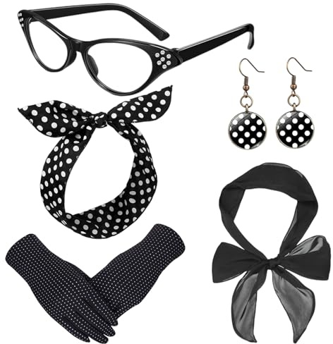 5 Pezzi a Set Accessori Anni 50 Donna, Accessori da donna anni '50, Sciarpe di Chiffon, Cravatta per Capelli a Pois e Orecchini, Guanti a Pois, Occhiali Vintage per Carnevale Festa di Travestimento