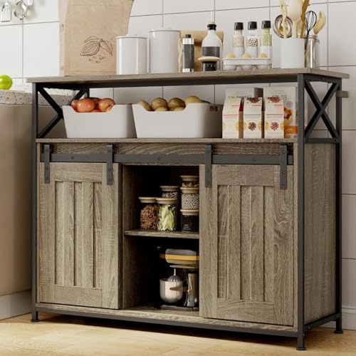 Blishom Buffet de Salon, Meuble de Rangement, Gris | Style campagnard, 2 portes coulissantes, étagères réglables, structure MDF, pour salon et salle à manger, 33 x 100 x 80 cm