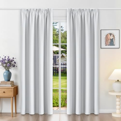 Runyéla Gardinen mit Kräuselband Vorhänge Blickdicht Grauweiß Verdunkelungsvorhänge 2er Set 200 x 140 (HxB) für Schienensystem, Thermovorhänge Kälteschutz Schiebegardinen für Wohnzimmer Curtain