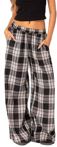 Kfsghdnz Pantalon de pyjama à carreaux pour femme - Jambe large élastique - Pantalon décontracté Y2K - Motif à carreaux - Coupe ample